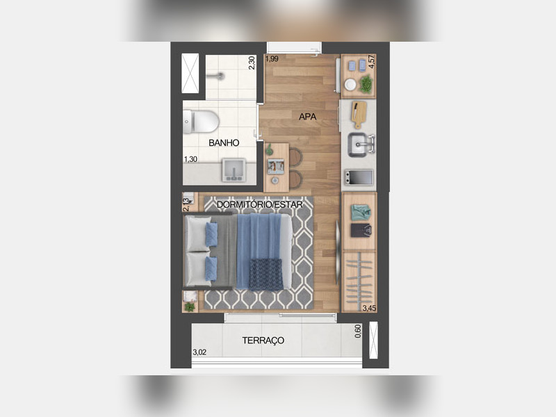 Studio à venda Moema com 20m² e 1 quarto por R$ 500.000 - id-jauaperi-planta-studio-20m-sugestao-decoracao.jpeg