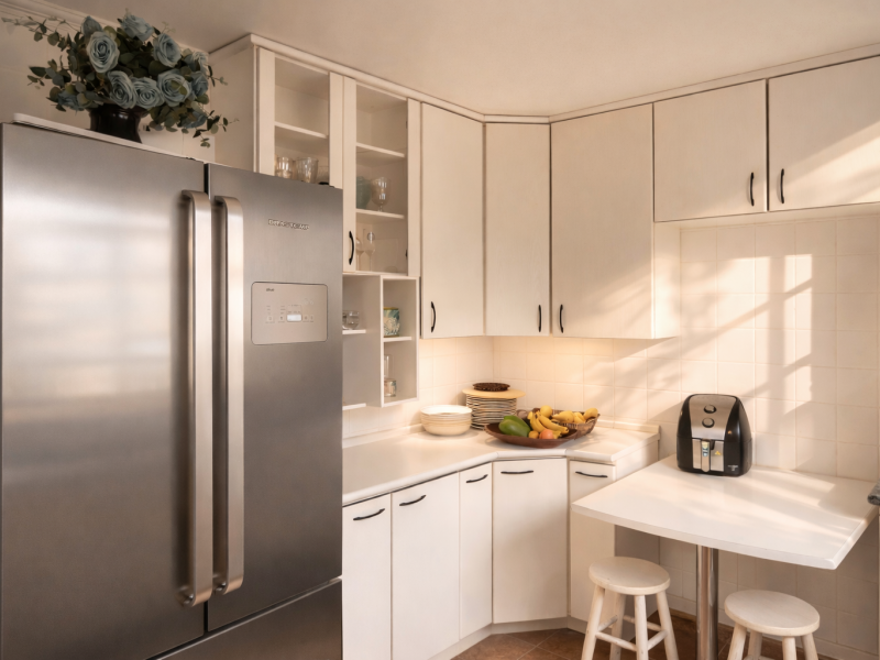 Casa à venda Jardim Sílvia com 173m² e 3 quartos por R$ 397.000 - sobrado-aconchegante-embu-das-artes-cozinha-com-armarios-planejados-brancos-geladeira-inox-mesa-de-apoio-e-iluminacao-natural.png